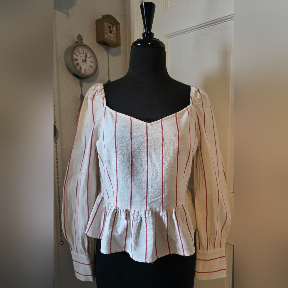 Moon River Cream And Red Stripe Peplum Top
